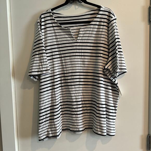 New Talbots Tee Top Black White Striped Split Neck Pullover Short Sleeves Sz 3X - Picture 1 of 5